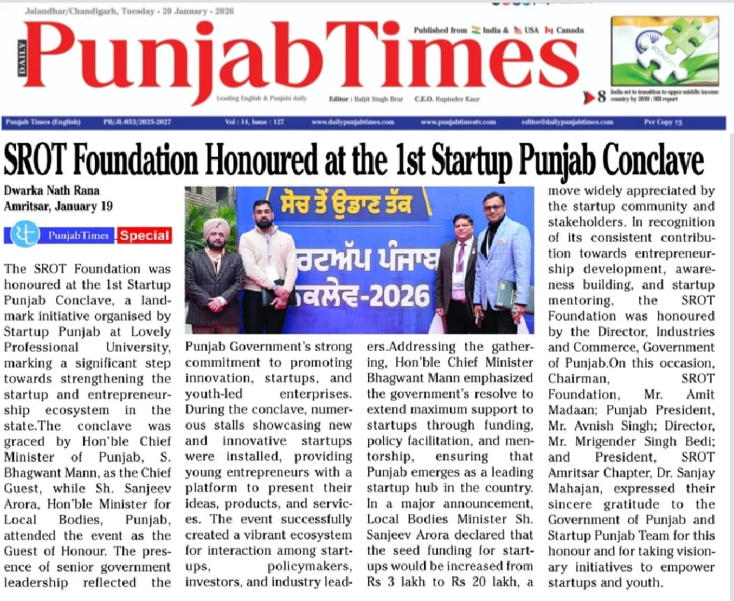 SROT Foundation Honoured at Startup Punjab Conclave